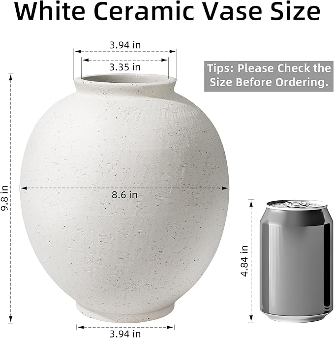 Starttag Large White Ceramic Vase, 9.8 inch Rustic Farmhouse Flowers Vase for Home Decor, Sandstone Texture Round Pottery Tall Vase Indoor for Table Living Room Decor