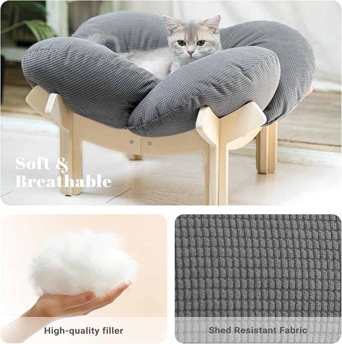 Elevated Cat Bed for Indoor Cats Couch Sofa Flower | Pet Beds with Soft Washable Cushion, Stable Wooden Frame, Raised Cat Hammock & Furniture for Kitty & Puppy All-Season(Gray)