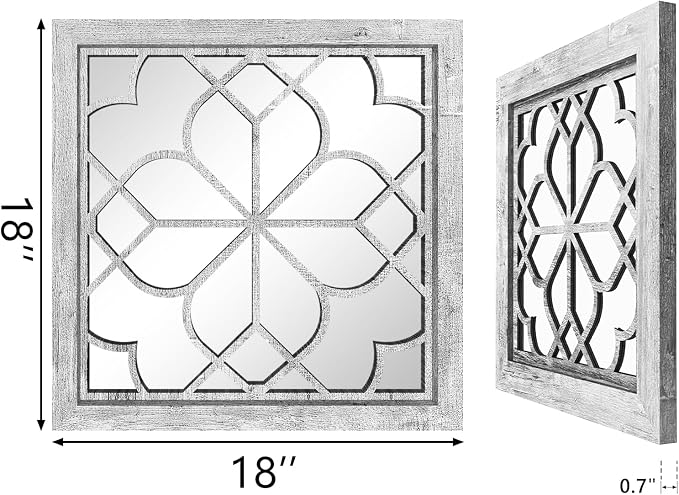 Set of 2 18 Inch Large Square Grey Window Pane Wall Mirrors, Shatterproof Rustic Farmhouse Boho Vintage Accent Mirrors for Living Room, Bedroom, Bathroom, Entryway & Home Decor