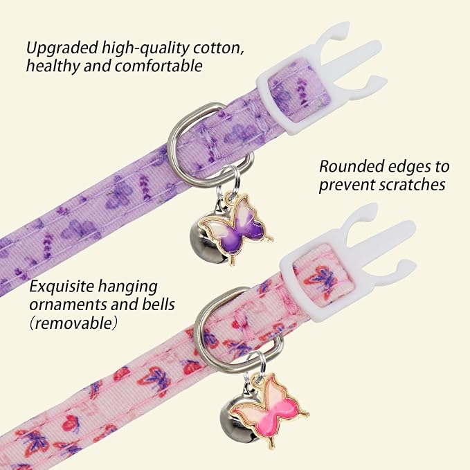 Cat Collars for Girl Cats & Boys, 2 Pack Soft Cotton Breakaway Collar with Removable Bell and Cute Charms, Adjustable Safety Pet Necklace, Butterfly