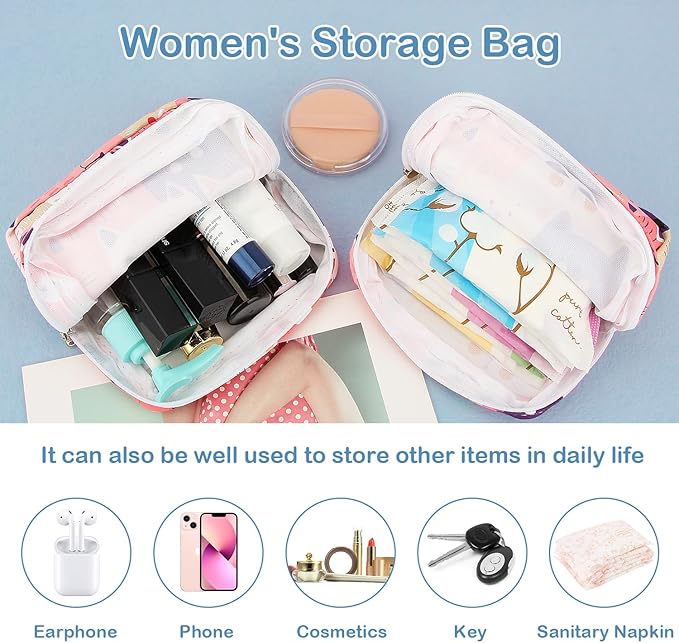 Sanitary Pad Storage Bag Portable Period Bag for Teen Pads/Sanitary Napkins/Small Tampons, Sanitary Napkin Storage Bag First Period Gifts for Teen Girls (Cat)