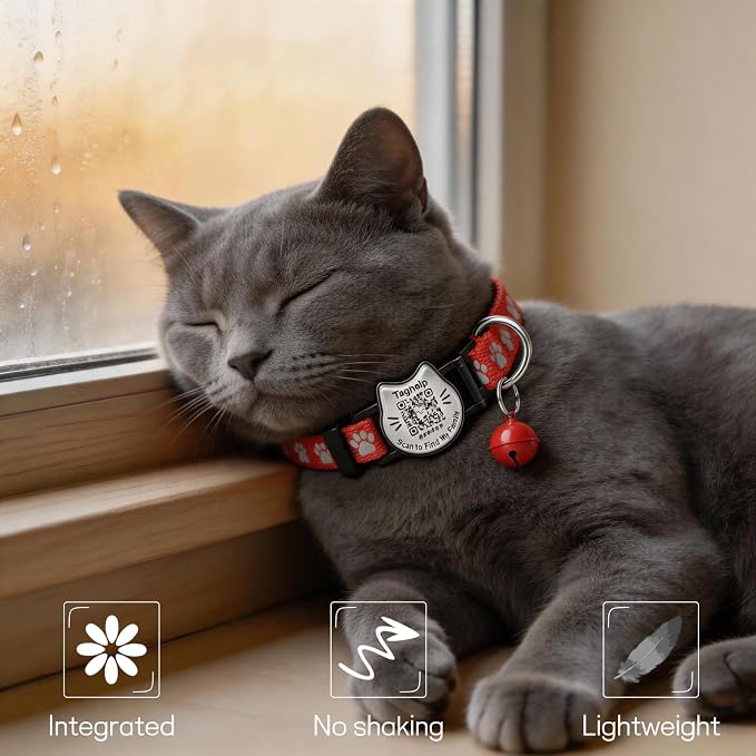 Breakaway Cat Collar with QR Code Tag and Bell (Red & Green) | Reflective Nylon, Quick-Release Buckle