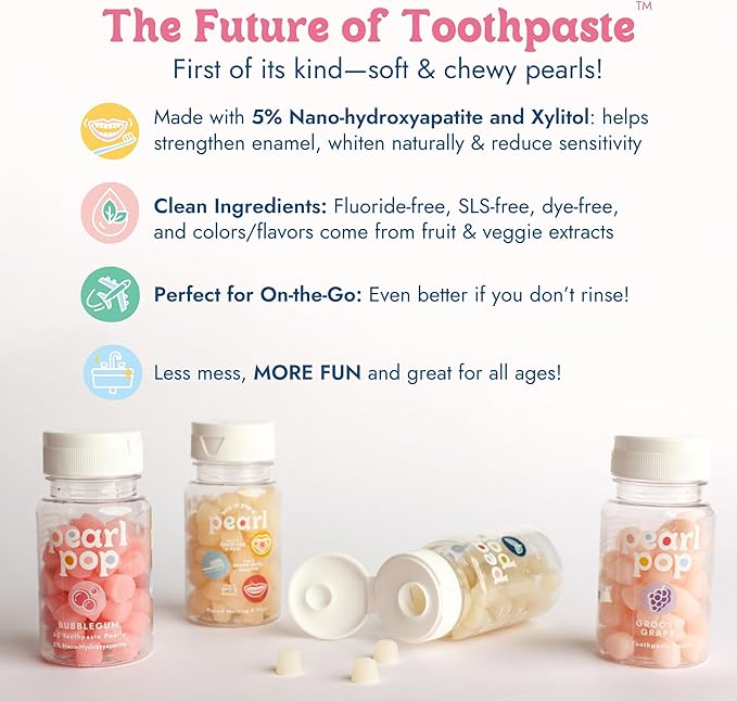 Pearl Pop Toothpaste Pearls, Chewy Fluoride Free Toothpaste for Kids, Stocking Stuffer, Made with Nano Hydroxyapatite & Xylitol, Foam Free, Mess-Free Travel Tooth Paste, Mint Kiss, 65ct