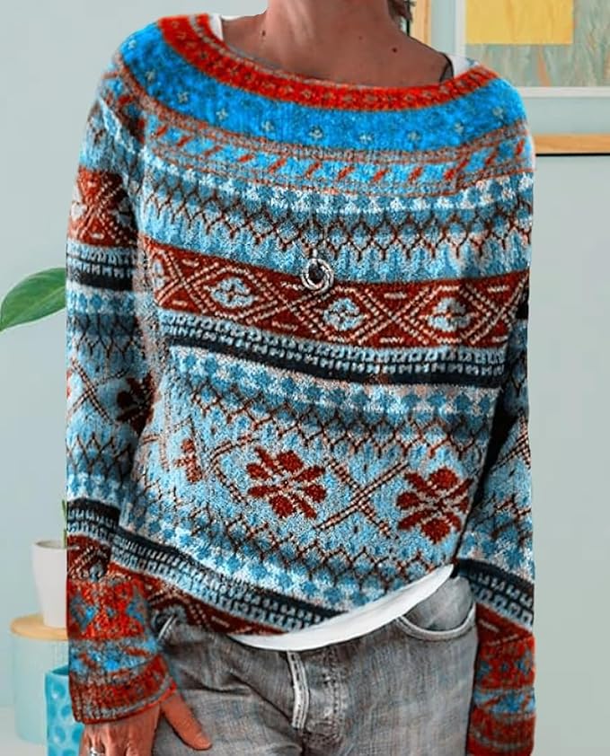 Zhyaj Fair Isle Sweater for Womens Winter Long Sleeve Vintage Knitted Sweater Casual Fall Crew Neck Pullover Sweaters