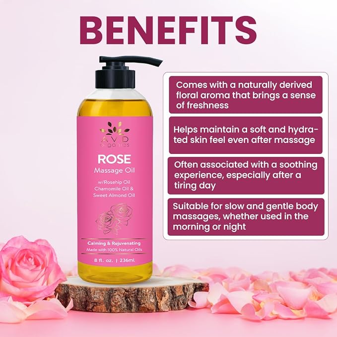 AVD Organics Rose Massage Oil 236 ML|Infused with Olive Sweet Almond and Jojoba Oil | Hydrating & Soothing | Made with Natural Ingredients | for Skin and Body|Ideal for Both Men and Women|8 fl oz