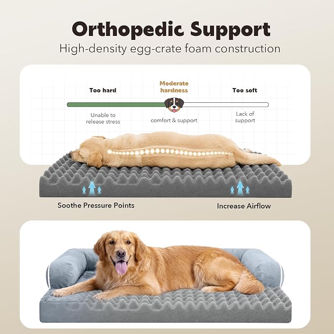 Orthopedic Waterproof Dog Bed with Bolster for Extra Large Size Dogs | Pillow Support for Neck Relief, Egg Crate Foam, Waterproof Liner, Anti-Slip Bottom, Removable Bolster Cover, 48 x 33 Inch