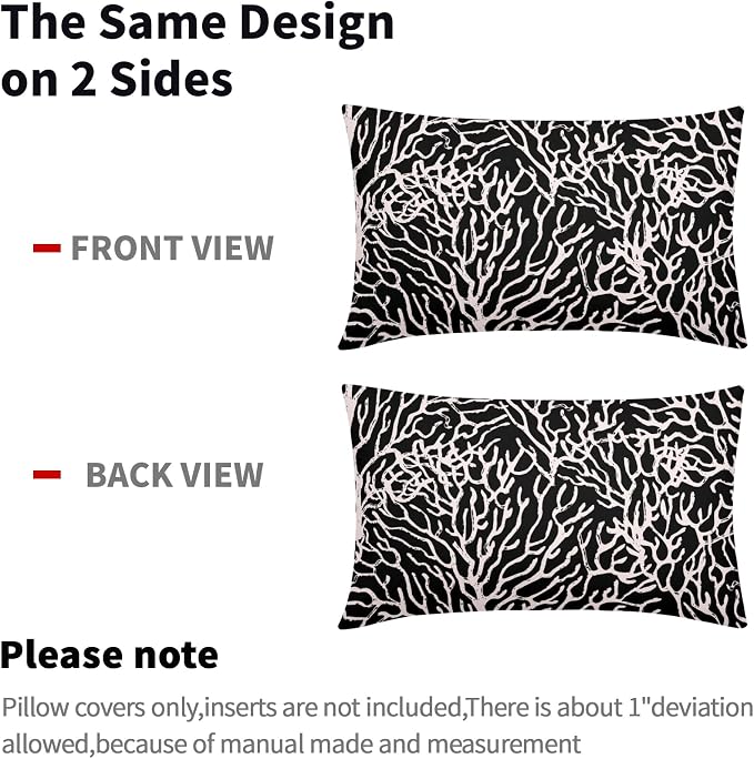 Nautical Coastal Coral Lumbar Pillow Covers 12x20 Inch Set of 2 Summer Ocean Beach Black Decorative Pillow Cases Outdoor Linen Cushion Cover Farmhouse Decor for Bedroom Home Sofa Couch Bed