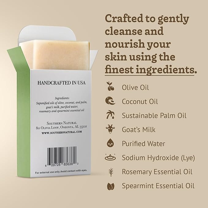 Southern Natural Rosemary Mint Goat Milk Soap Bar – Soothing Goat Milk Soap for Sensitive Skin and Dry Skin Relief – Natural Handmade for Men, Women, Kids & Baby, 4 oz (1 Bar)