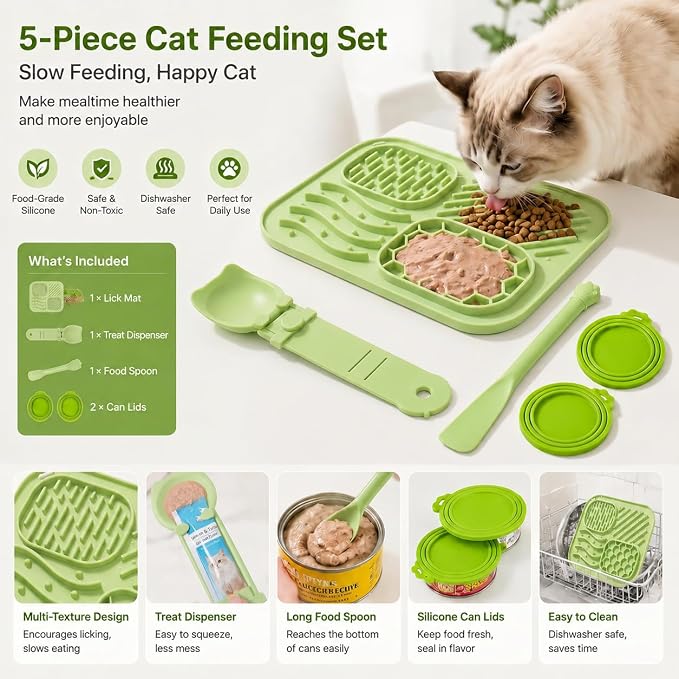 AZY 5-Piece Slow Feeder Cat Bowl Set with Strong Suction Cups | Silicone Lick Mat, Cat Treat Dispenser, Food Spoon & 2 Reusable Can Covers for Wet Food, Whisker-Friendly & Dishwasher Safe