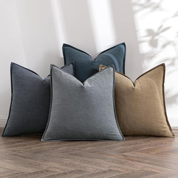 MIULEE Neutral Navy Boho Linen Pillow Covers 18x18 Inch Pack of 4 | Natural Decorative Throw Pillow Covers, Soft Farmhouse Couch Pillowcases, Coastal Home Decor for Living Room Bed Sofa