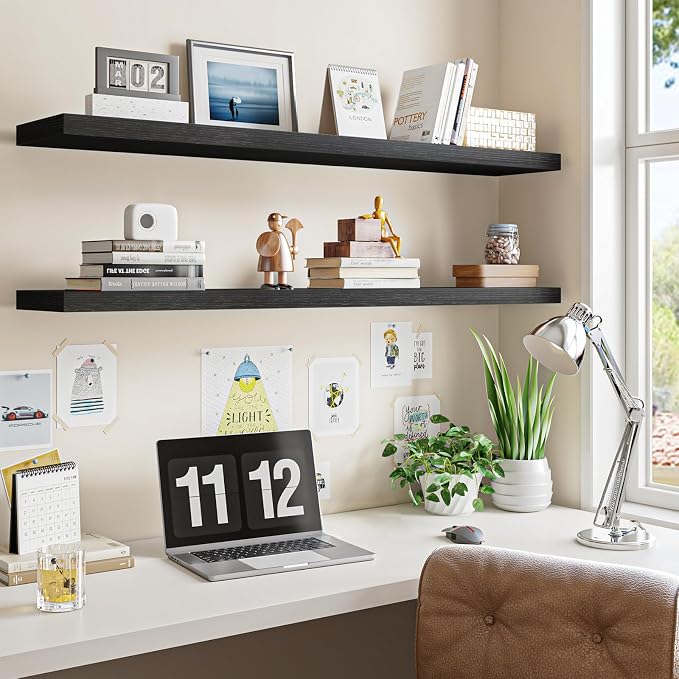 Fixwal Floating Wall Shelves for Decor (Black, Set of 2, 47.2Inch) | MDF Shelf with Metal Brackets, Space Saving for Books , Decor, Fits Bathroom, Kitchen, Bedroom, or Office