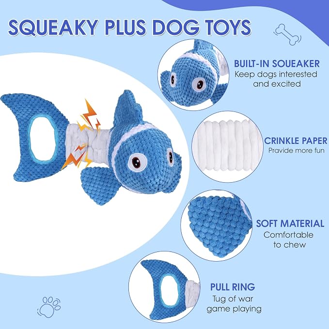 Squeaky Clownfish Dog Toy, Stretchable Plush Tug Toy, Blue