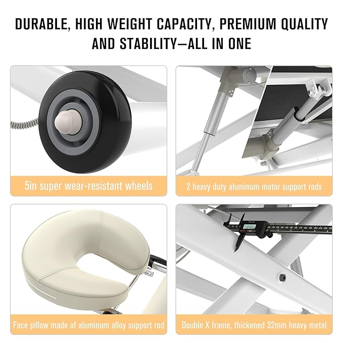 pouseayar Heavy Duty Electric Massage Table, Electric Lift and Electric Backrest 2 Motor Adjustable for Treatment/Medical Spa/Facial Bed/Beauty Bed/Massage Bed and More - 32 Wide x 75 Long - White