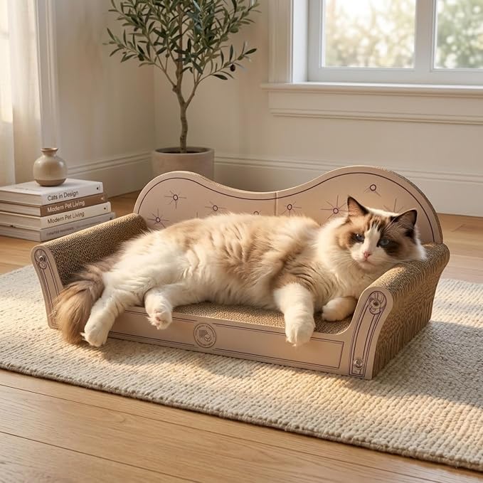 Cat Scratcher Couch, 26’’ Large Cardboard Scratcher Bed - Orthopedic Pet Lounge with Scratching Pad, Furniture Protector for Indoor Cats