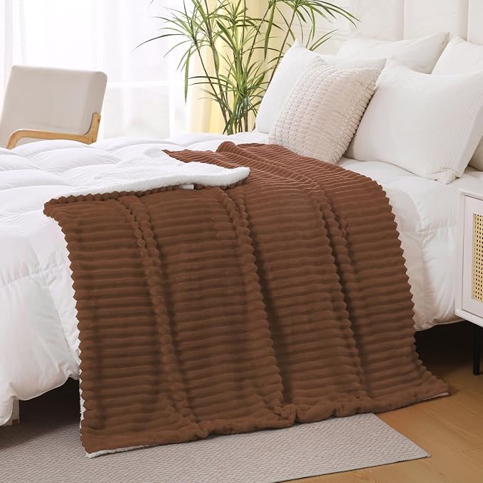 Chocolate Sherpa Fleece Throw Blanket 60”×80”for Couch Sofa Bed | Double Side Soft Fuzzy Cozy Plush Thick Flannel Blanket with Striped Design Gift for Adults,Woman