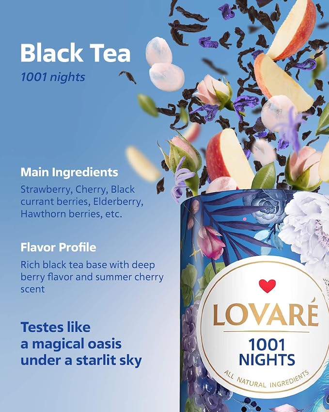 LOVARE Loose Leaf Tea 80 g - Made in Ukraine - Assorted Tea - 1001 Night, Passion Fruit, Sparkling Splashes, Bahamian Soursop - Gift Box with 60 Paper Filters – Easy to Brew Flavored tea (Set of 4)