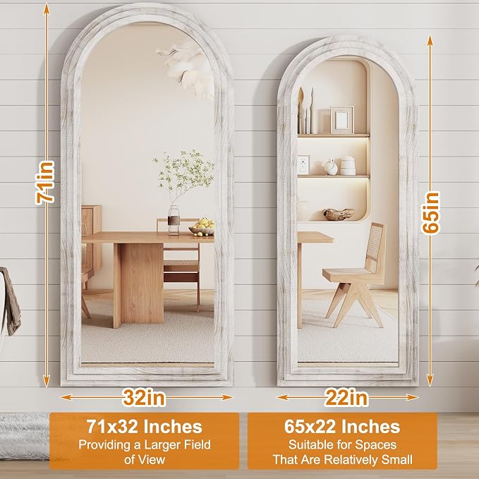ZHUNFA External Three-Layer Arched Full Length Mirror with Solid Wood Frame | 71x32 Modern Farmhouse Decor Standing Mirror Full Length, Wall Mounted, Leaning, Standing for Bedroom, Living Room, White.