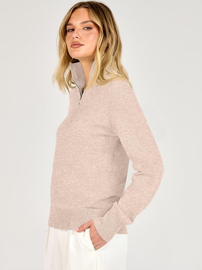 ANRABESS Women Quarter Zip Long Sleeve Fall Pullover Sweater | Soft Knit Fabric Medium Stretch, Business Casual Work Office, Travel Vacation, 2026 Trendy Fashion, Winter Cozy Outfits