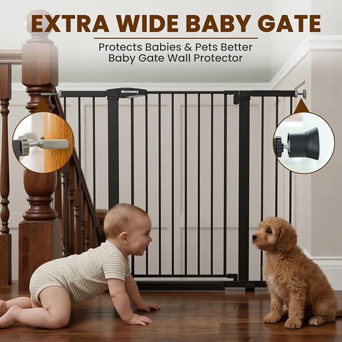 Mumeasy 36" Extra Tall Baby Gate for Stairs, 29.7-48" Wide Dog Gate for Doorways, Walk Thru Pet Safety Gate for Indoor, Pressure Mounted with Auto Close, Easy Install No Drill for Toddlers, Black
