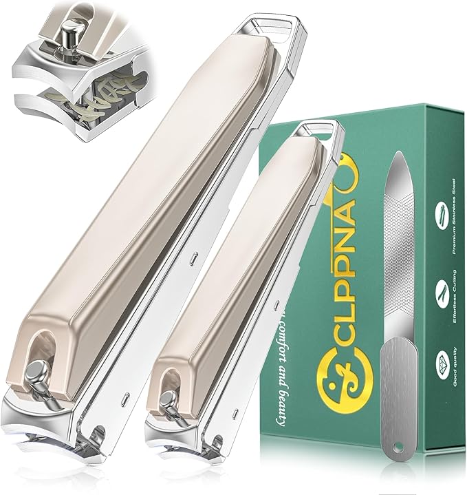 Nail Clippers for Men with Catcher, CLPPNA 2-Pack Large & Small Anti-Splash Nail Clippers Set, Ultra Sharp Sturdy Fingernail and Toenail Clipper Cutters for Men Women, Nickel Color