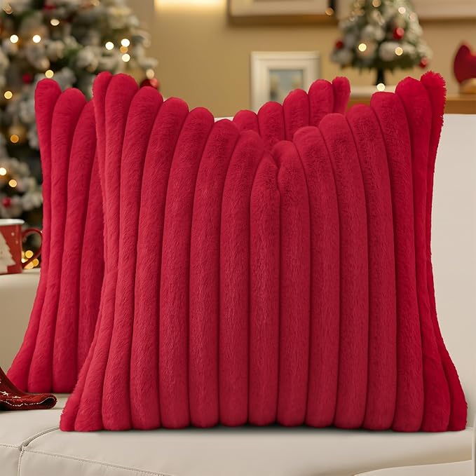 decorUhome Fall Faux Fur Throw Pillow Covers 22x22 Set of 2 Red | Decorative Soft Cozy Striped Plush Modern Farmhouse Boho Couch Pillow Cases Velvet Back for Sofa Bed Living Room Home Decor