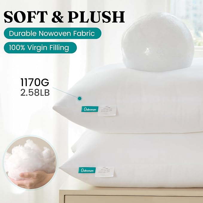 Oubonun 26 x 26 Throw Pillow Inserts | Soft, Plush & Decorative Down Alternative Pillows for Couch Sofa Bed, Machine Washable - White, Pack of 2