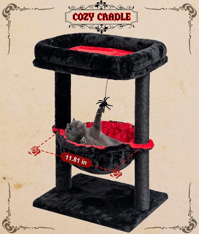 SYANDLVY Gothic Cat Tree with Coffin Bed for Indoor Cats, Activity Tower | Scratching Post for Kittens, Cat Condo Furniture with Basket & Spider Hanging Ball for Play Rest