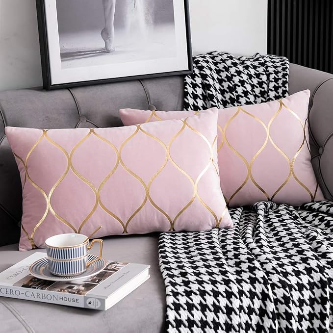 Gold Velvet Throw Pillow Covers: 2 Pack 12x20 Inch Rectangular Decorative Pillow Cases for Bedroom Sofa Couch Living Room, Pink