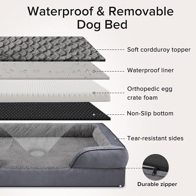 Jumbo Orthopedic Dog Bed for Extra Large Dogs, Waterproof, Egg-Crate Foam Dog Couch Bed with Washable Removable Cover, Waterproof Lining and Nonskid Bottom