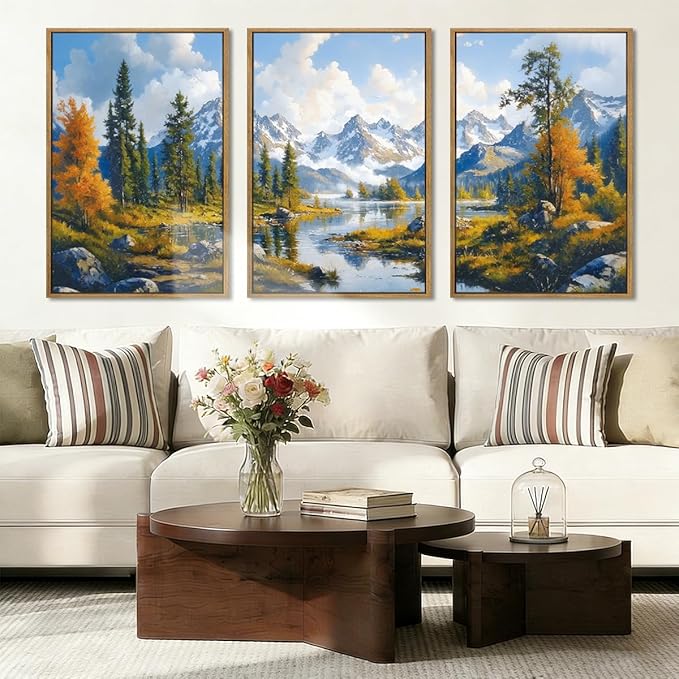 BINCUE Framed Mountain Landscape Wall Art Nature Forest Wall Decor Tree and River Art Print for Living Room Bedroom Office 16x24 Inches Set of 3