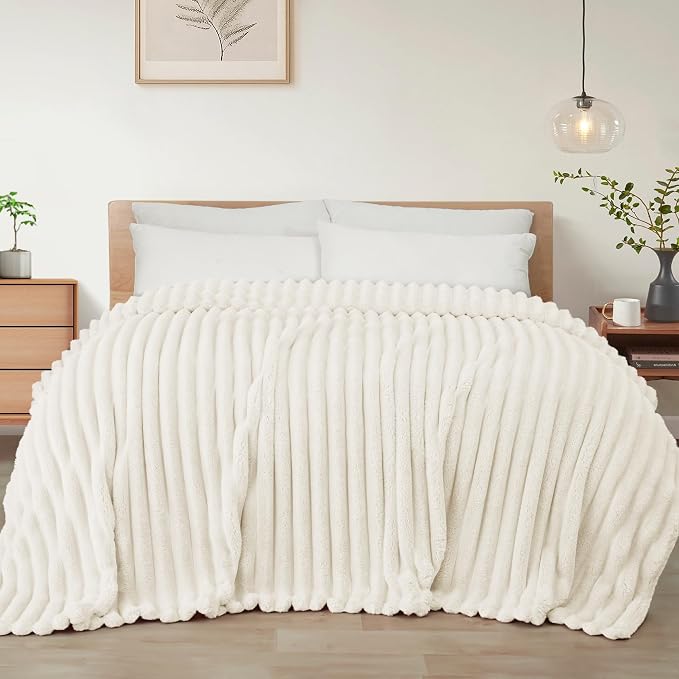 Exclusivo Mezcla Striped Queen Size Fleece Blanket for Bed, Couch, 90"x90" | Soft Breathable Cozy Bed Blankets, Lightweight Plush Fluffy Fuzzy Jacquard Decorative Blankets