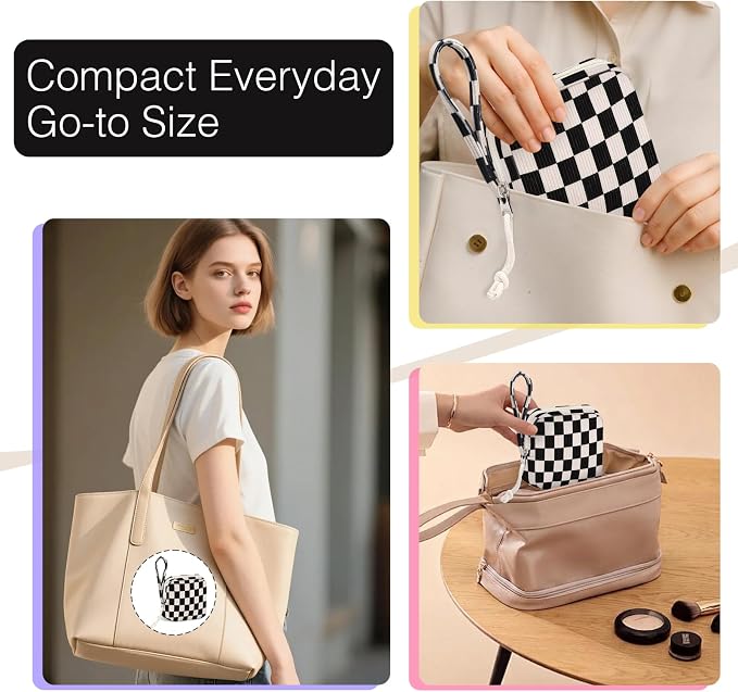 Corduroy Period Pouch for Women, Cute Sanitary Pad Pouch with Zipper, Portable Tampon Holder for Purse, Sanitary Napkin Storage Bag for Travel (Checkered Black White)