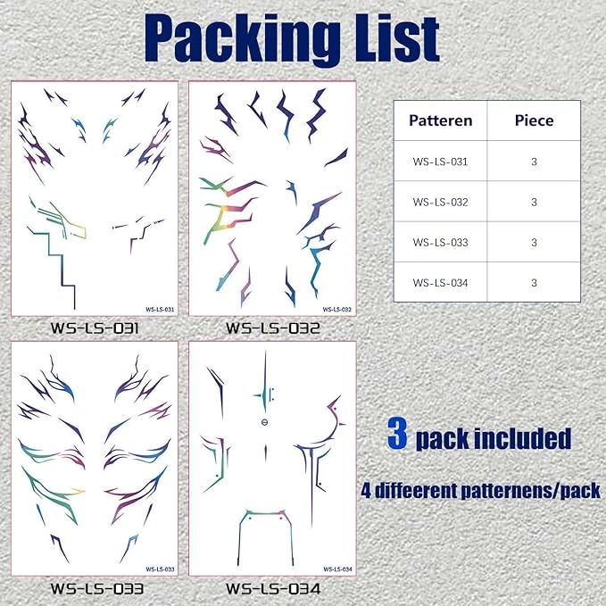 Rumi Tattoos – 4 Holographic Designs, Inspired Anime Temporary Face Tattoos, Waterproof & Skin-Safe for Cosplay, Parties & Festivals (3 Packs)
