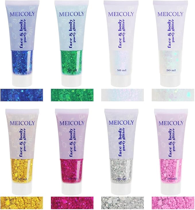 MEICOLY Blue and Clear White Face Body Glitter Set,Mermaid Face Glitter Gel,Singer Concerts Festival Rave Accessories,Sparkling Sequins Glitter Face Paint for Women and Kids,Chunky Glitter Makeup