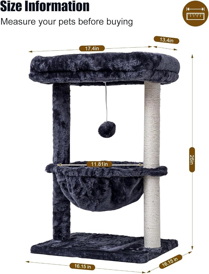 SYANDLVY Small Cat Tree for Indoor Cats, Activity Cat Tower for Kittens | Scratching Post, Cat Condo & Furniture with Basket & Hanging Ball for Play Rest, Smoky