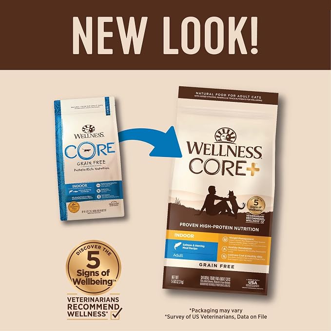 Wellness CORE+ Adult Dry Cat Food for Infoor Cats, Natural, Grain Free Kibble, Salmon and Herring Meal Recipe, 5 lb Bag