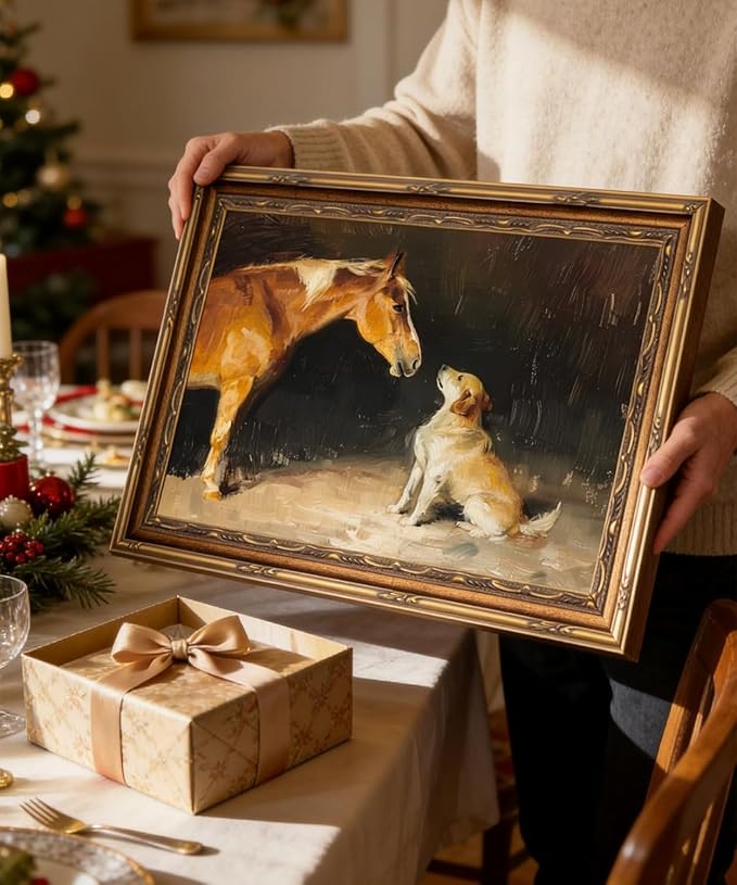 Gold Framed Wall Art Vintage Horse and Dog Wall Art Country Farmhouse Animals Wall Decor Picture Rustic Antique Gallery Aesthetic Poster Print for Bedroom Living Room 9x11in