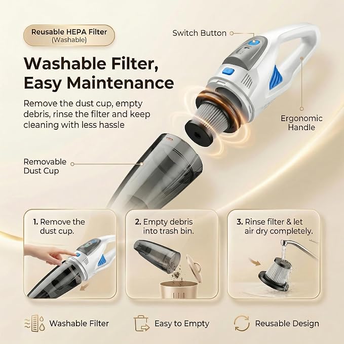Handheld Vacuum Cordless, 25000Pa Powerful Suction Car Vacuum Portable Cordless with 8000mAh Battery & LED Light, Hand Held Vacuum Rechargeable with HEPA Filters, Home, Car Seats, Pet Hair White