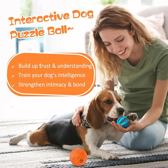 HIPPIH Dog Puzzle Toy 2 Pack, Interactive Dog Toys for Treat Dispensing | Durable Puppy Enrichment Toys, Dog Treat Ball for Teething, Slow Feeder, IQ Training, Blue-2.75'', Orange-3.14''