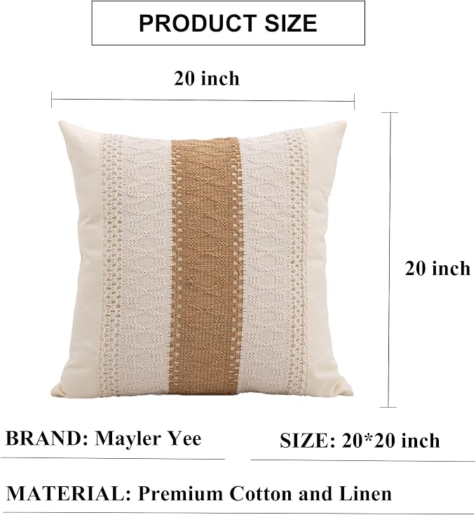 Throw Pillow Covers 20 x 20 Inch 1PC for Farmhouse Living Room, Cotton & Burlap Textured Striped Woven Boho Pillow Covers (Beige & Brown, Single Striped)
