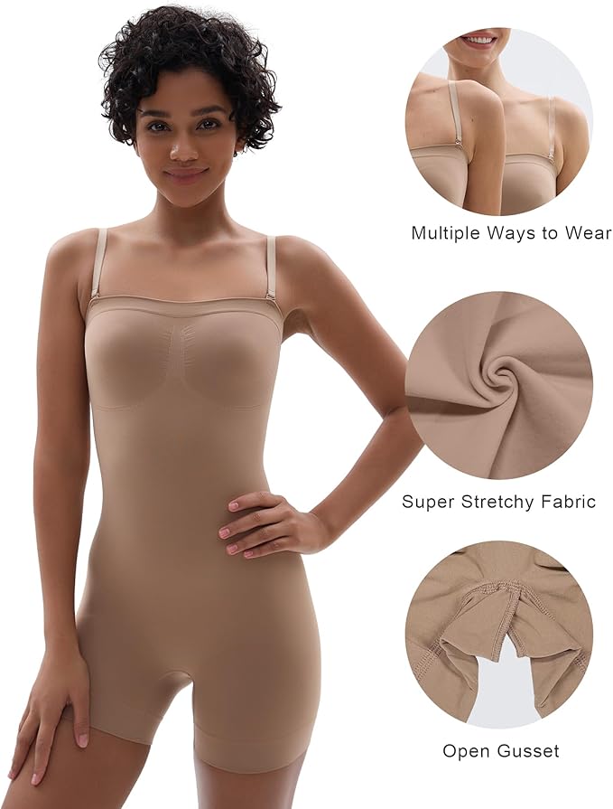 SHAPERX Strapless Shortie Bodysuit for Women Tummy Control Shapewear Seamless Body Shaper with Removable Straps