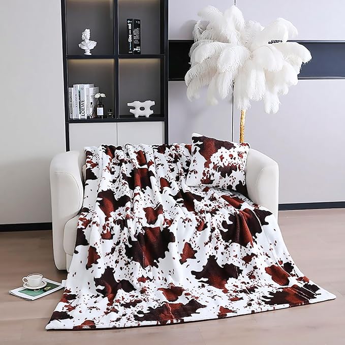 Brown Cow Faux Fur Throw Blanket 50''x60'', 480 GSM Double Sided Outdoor Lap Throw, Soft Cozy Warm Blanket for Bed Couch Sofa Office, Camping Shaggy Plush Furry Travel Blankets for Women, Men