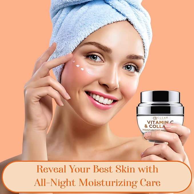 Clear Beauty Vitamin C & Collagen Face Moisturizer - Anti Aging Night Cream, Hydrates, Firms & Smooths Overnight - Dermatologist Tested, Korean Skin Care, Vegan, Clean Beauty - 1.69 Fl Oz