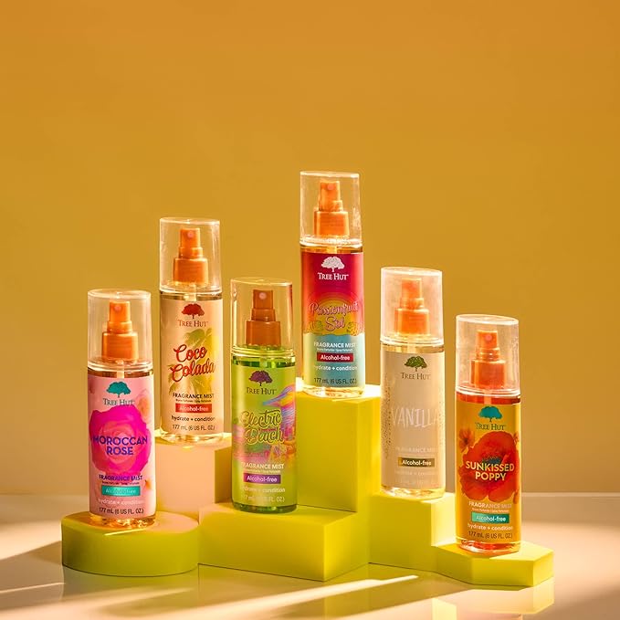Tree Hut Electric Beach Hair & Body Mist, Hydrating & Alcohol-Free Body Spray, Fragrance with Raspberry, Coconut and Cotton Candy Notes, Alcohol-Free Formula, Versatile Body Spray, 6 Fl Oz.