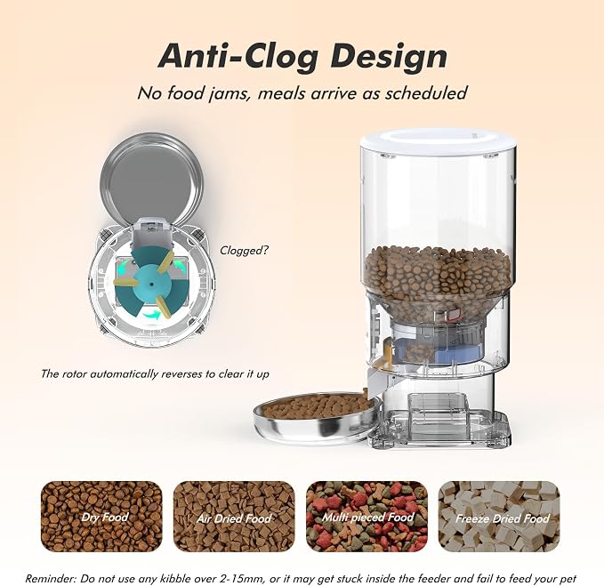 Automatic Cat Feeder - 5L Anti-Clog Cat Food Dispenser Keeps 2-15mm Dry Food Fresh, 10s Voice, 1-6 Meals/Day, Programmable Portions, 180-Day Battery Life, Easy to Clean Auto Pet Feeder for Small Dog