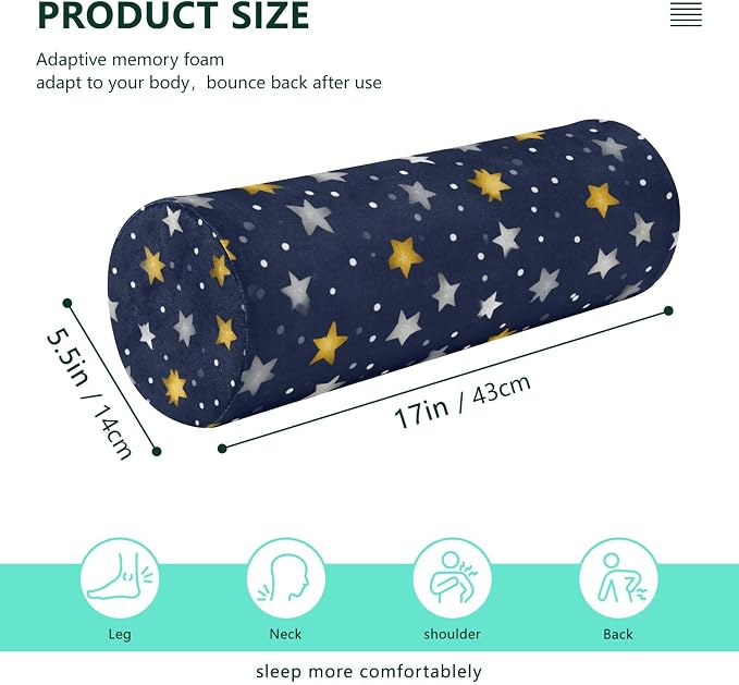 Navy Blue Stars and Polka Dots Neck Roll Pillow Bolster Round Health Memory Foam Long Cervical Cylinder Pillows with Removable Washable Cover for Body Bed Legs Back Yoga