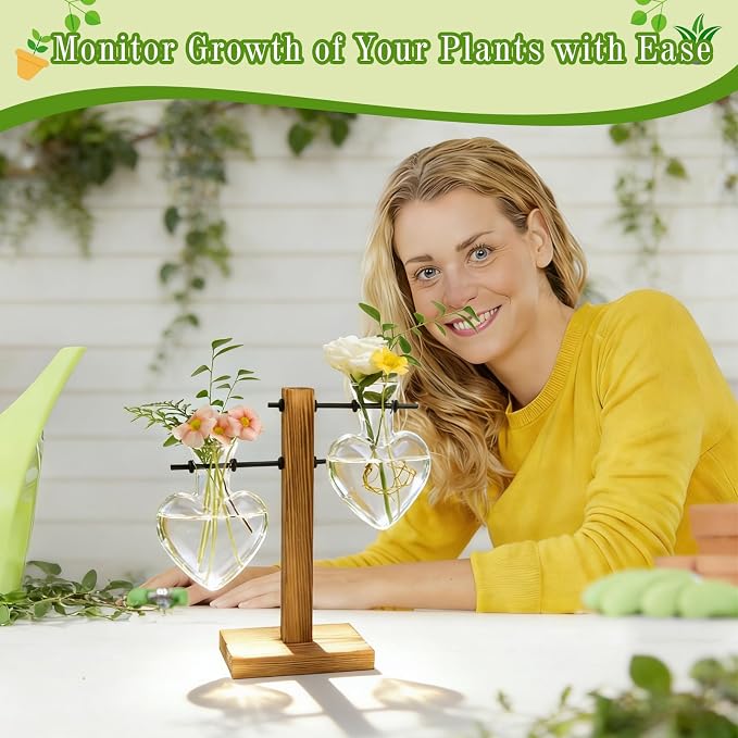 XXXFLOWER Plant Propagation Station Terrarium Wooden Stand 2 Love Bulb Vase | Flower Glass Vase Plant Desktop Holder, Home Garden Office Decor for Birthday Gift for Women Plant Lover