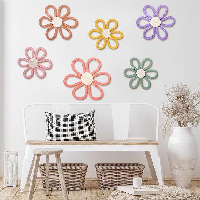 Barydat 6 Pcs Boho Nursery Decor Daisy Flower Woven Macrame Wall Hanging 3 Size Daisy Flower Wall Decor Bohemian Nursery Decorations for Home Dorm Art(Multicolor)