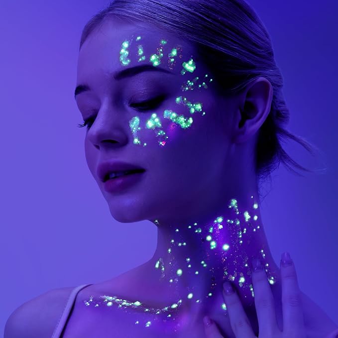 Teenitor Glow in The Dark Glitter, Clear White Body Glitter Gel, Sparkly Neon Face Glitter Hair Glitter, Glow in The Dark Face Paint for Halloween Makeup Glow Party Concerts Raves
