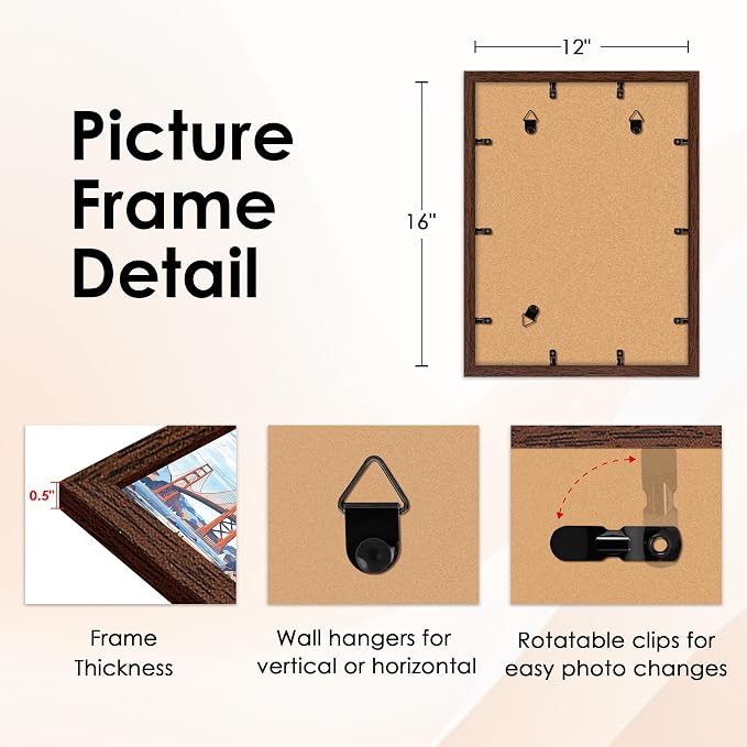 12x16 Picture Frame Brown Set of 2, Photo Frame with HD Plexiglass, Display Pictures 8.5x11 with Mat or 11x17 Without Mat, Brown Picture Frames Collage Wall Decor, Gallary Wall Frame